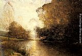 Lord Rivers' Roan Mare in a Landscape Paintings - A Moonlit River Landscape with a Figure by Alfred Wahlberg